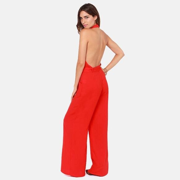 Lulus Red Halter Backless Sleeveless Jumpsuit Pants Cocktail - Picture 10 of 12
